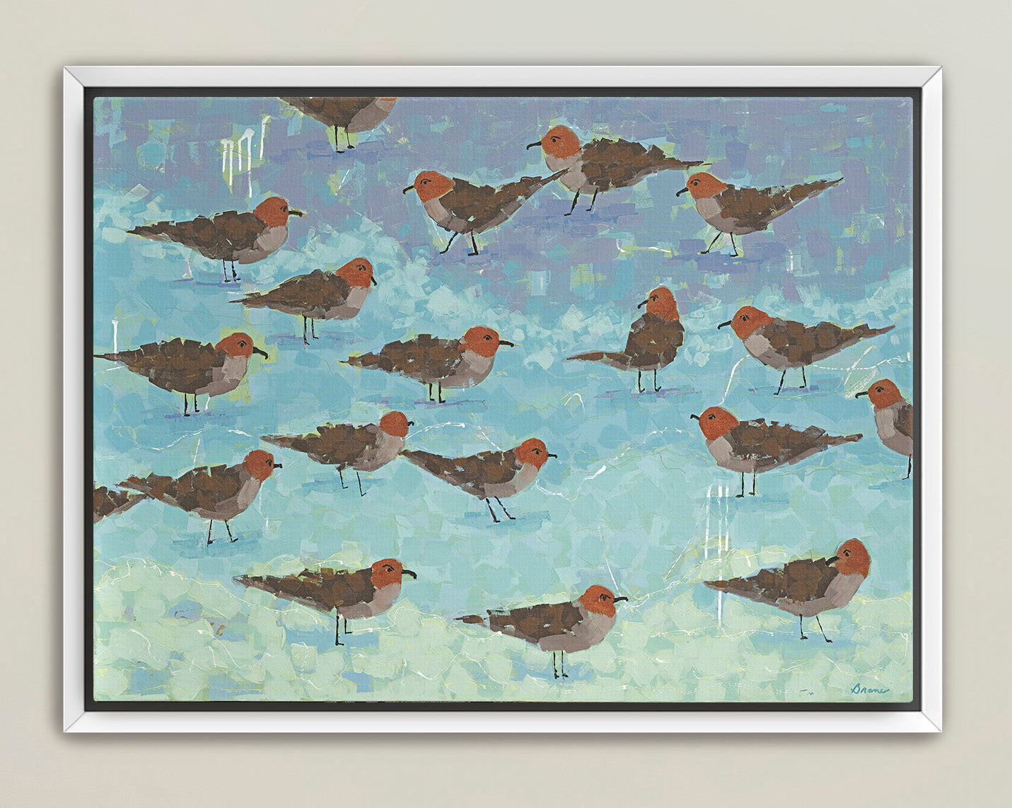 Sandpiper flock artwork with mosaic-style ocean background