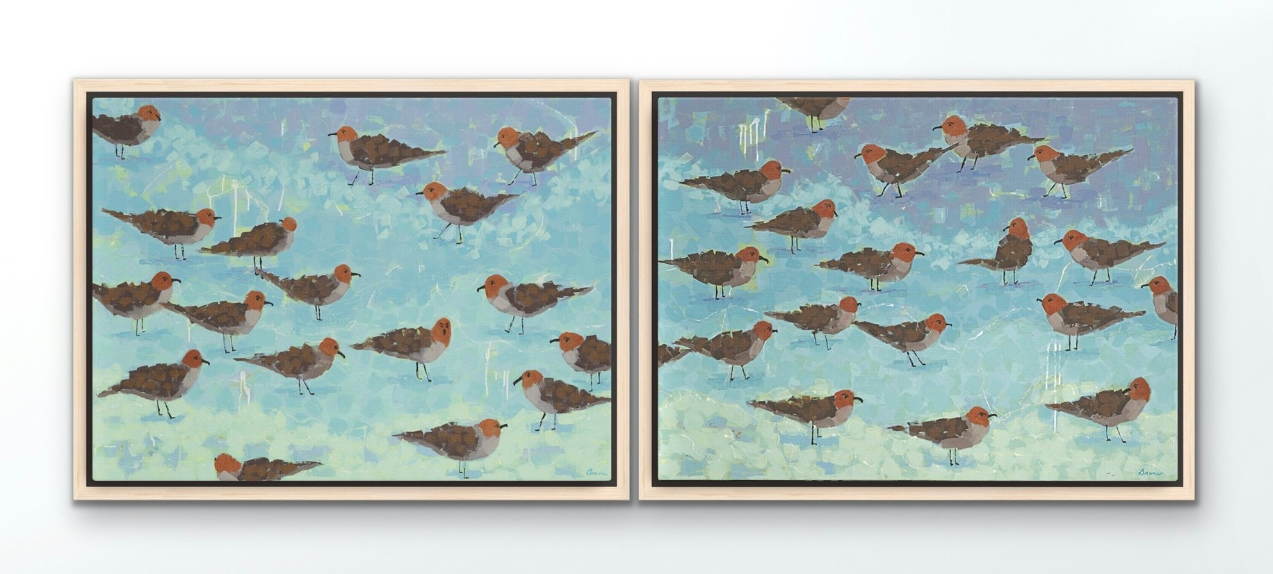 two-panel shorebird artwork for modern coastal interior decor.