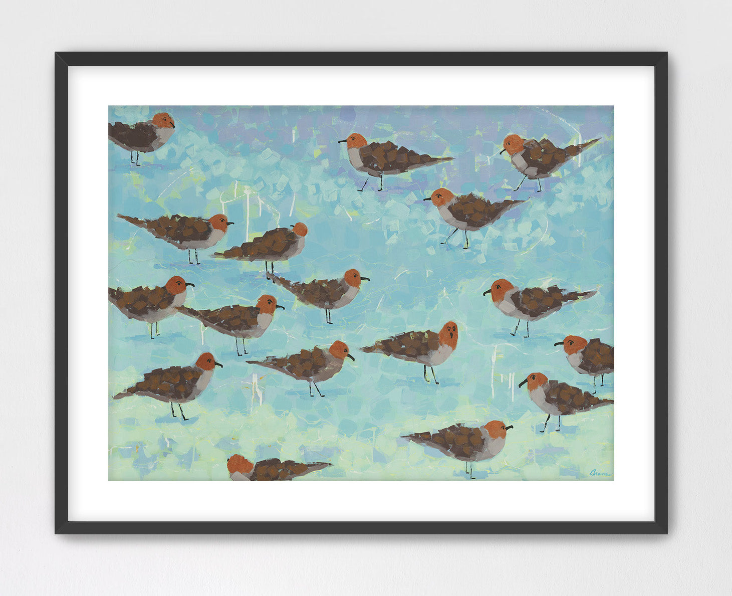 Coastal bird art print showing brown and white shorebirds symbolizing harmony and flow.