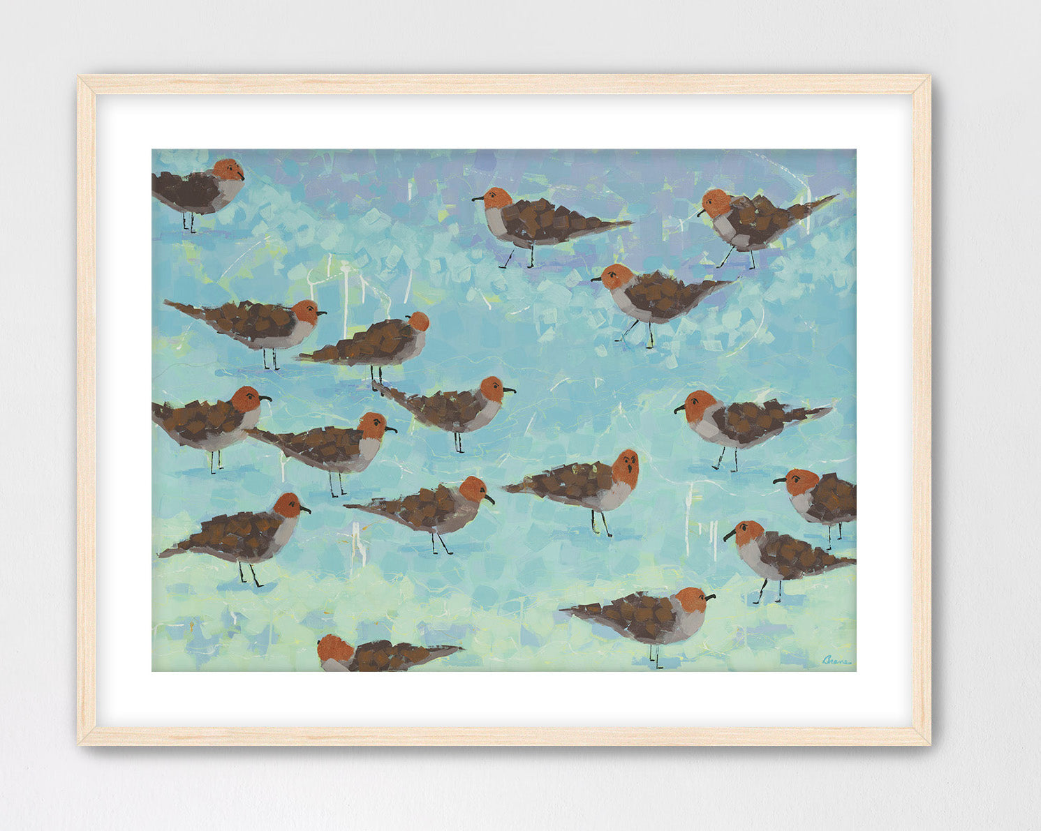 Contemporary coastal diptych print – Morning Briefing I – elegant birds by the sea