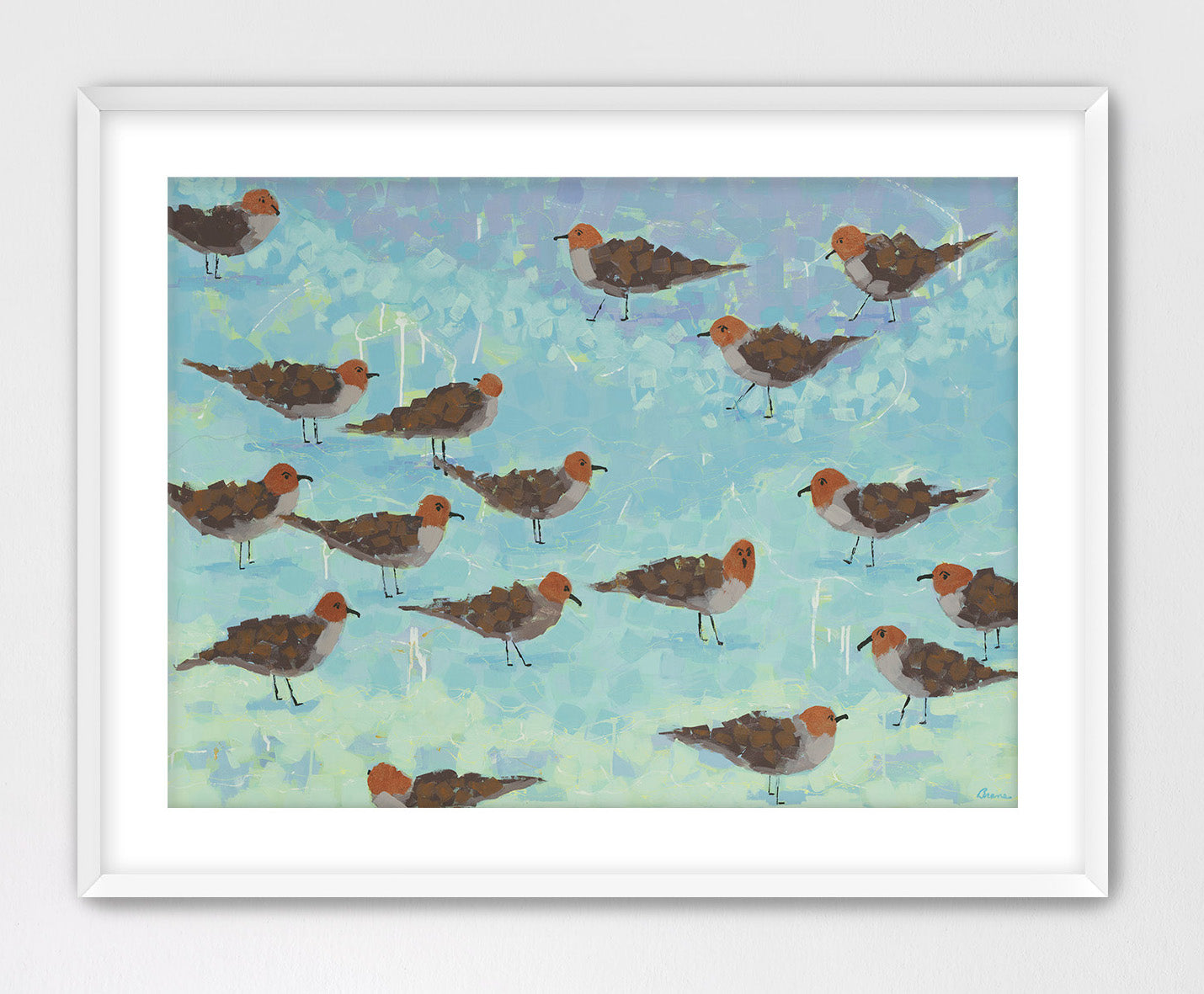 Beach house wall art featuring seagulls and shorebirds against a luminous ocean water.