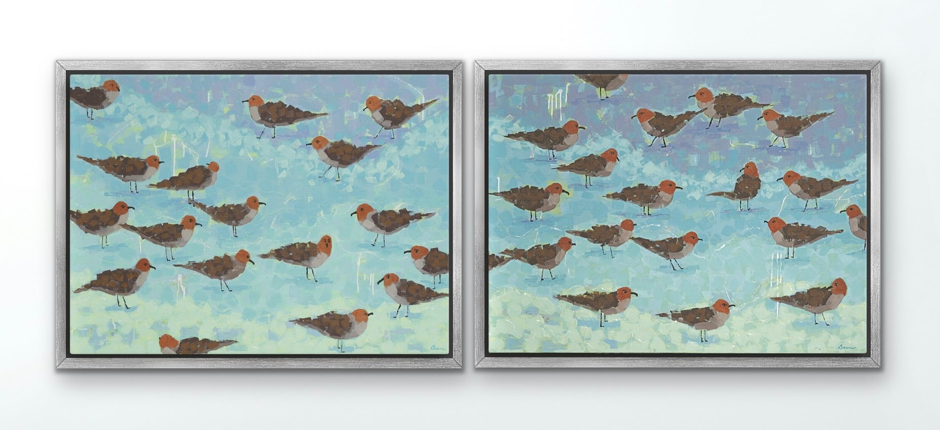 Lare coastal diptych with mosaic-style birds and textured ocean color