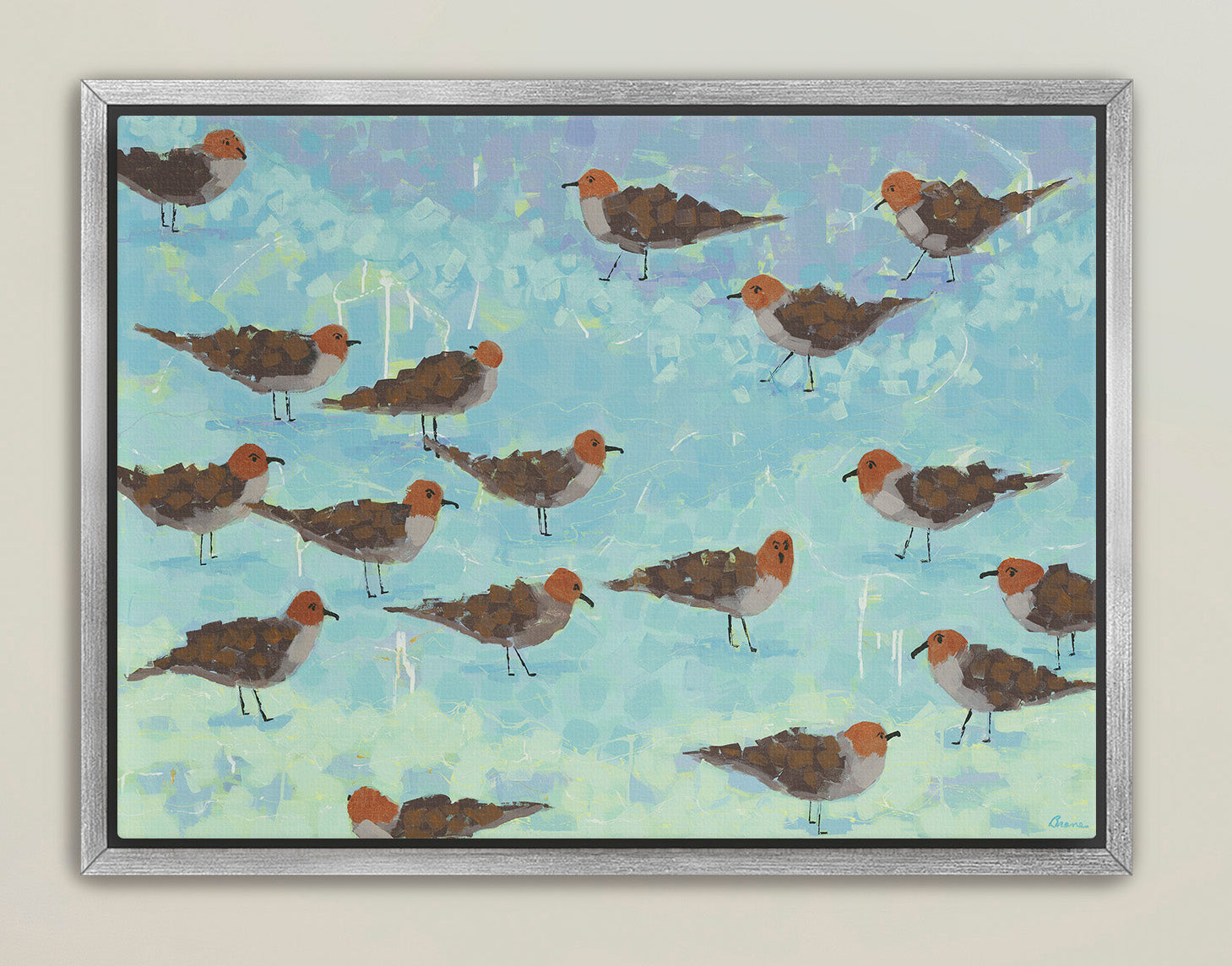 Morning Briefing I seagull painting with aqua ocean background