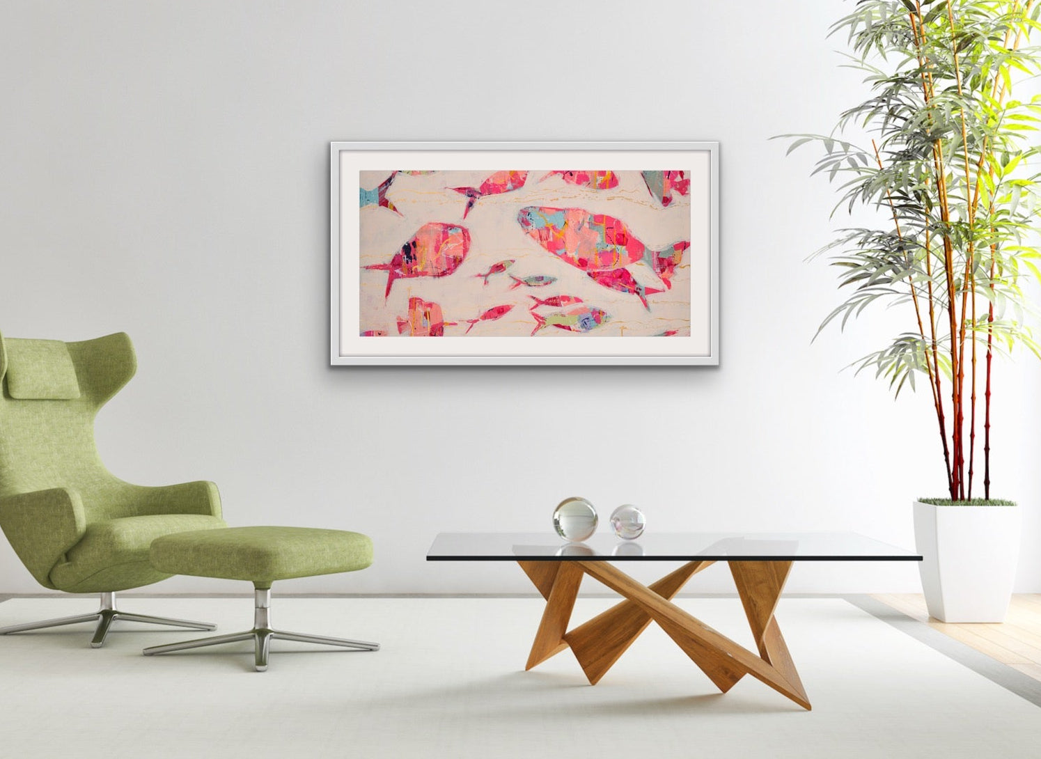 Modern living room with a green armchair, wooden table, and a contemporary coastal artwork in elongated panoramic format on the wall.