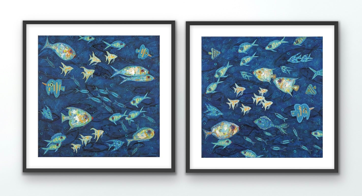 Two-panel marine life artwork on archival cotton rag paper