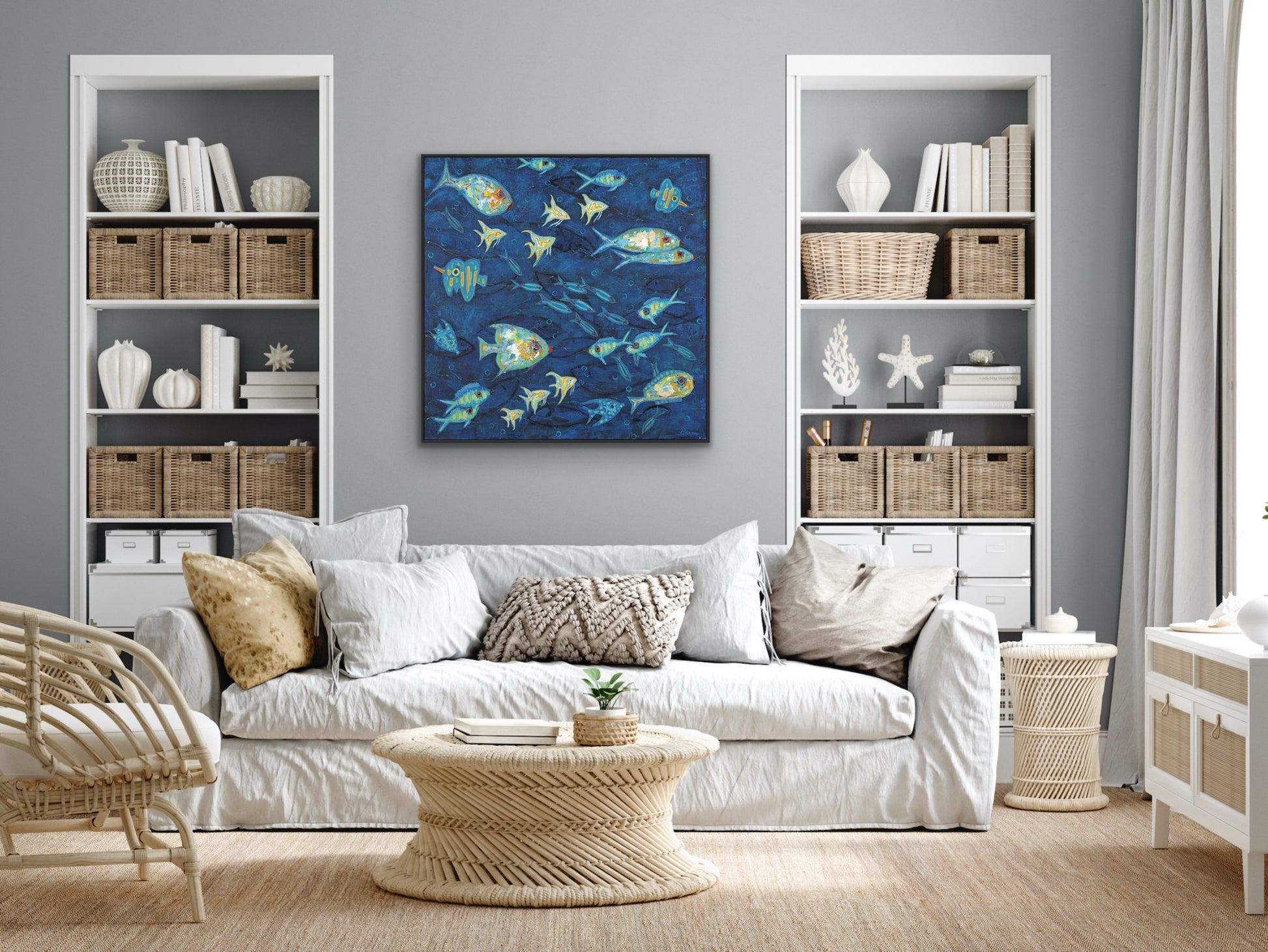 48” x 48” original underwater fish painting with rich blue tones and layered composition.