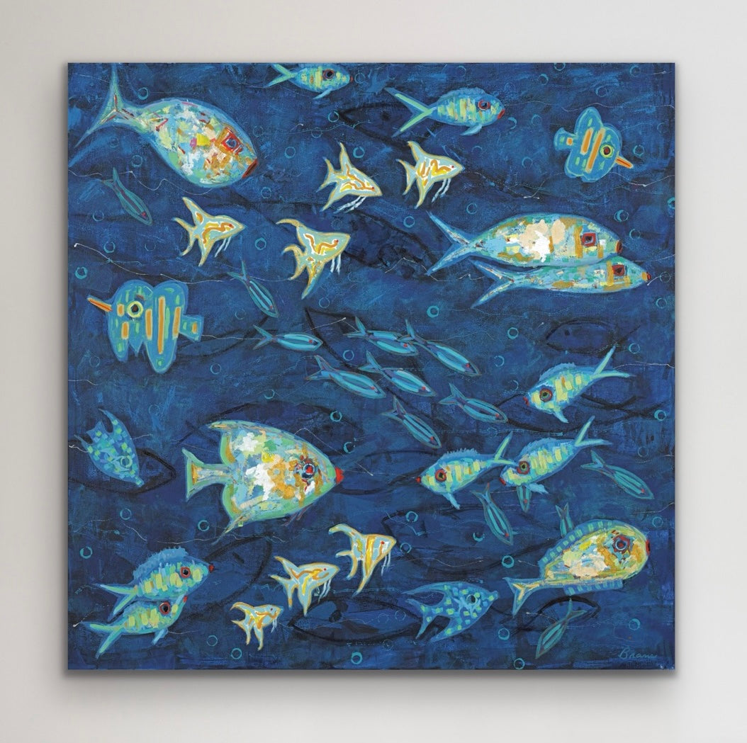 Layered blue textures and brushwork in Ocean Gala I original painting.