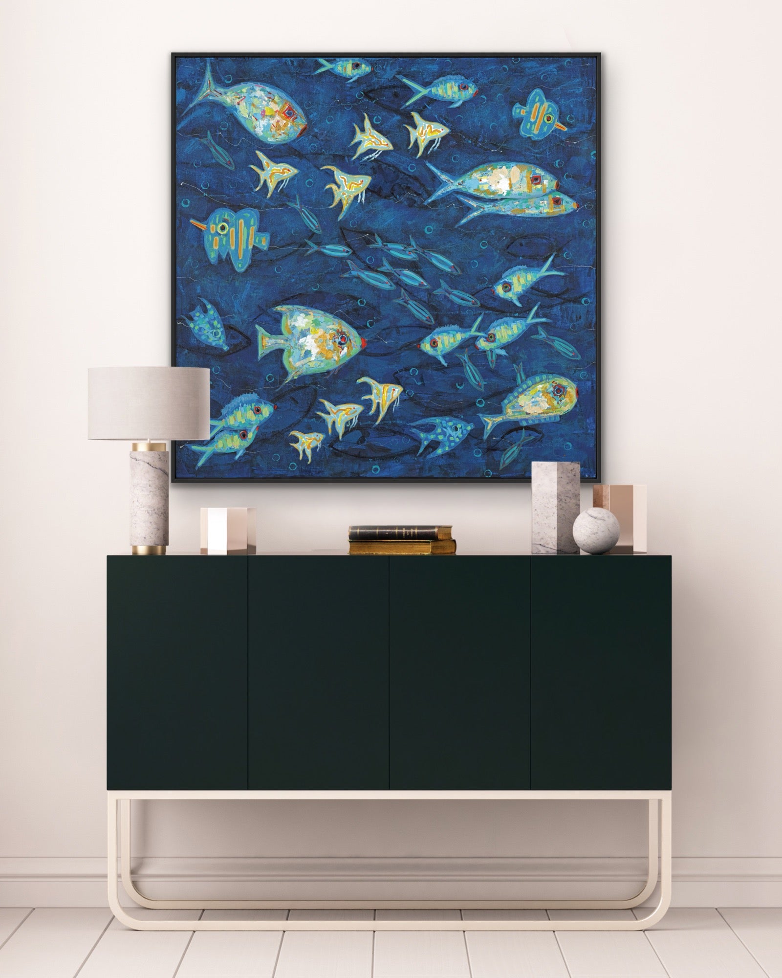 Ocean Gala I original 48” coastal painting displayed in a refined interior.