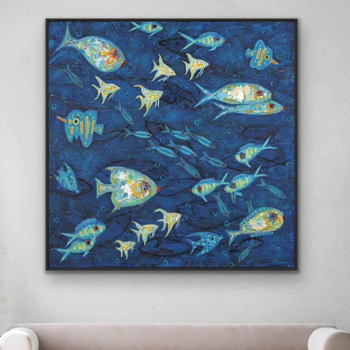 Original coastal fish painting Ocean Gala I by Martha Brane featuring expressive underwater movement.