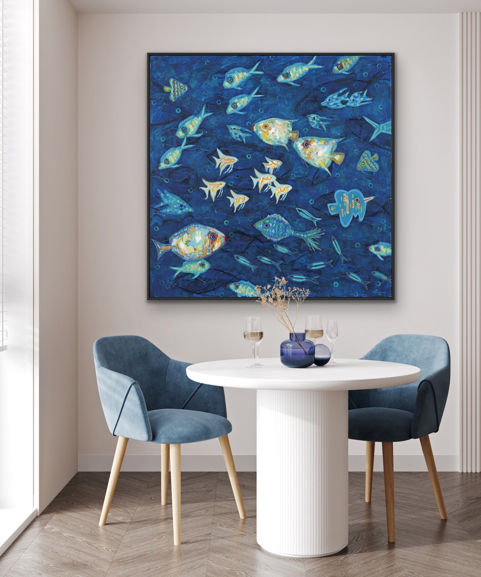 48” x 48” original underwater fish painting with rich blue tones and layered composition.