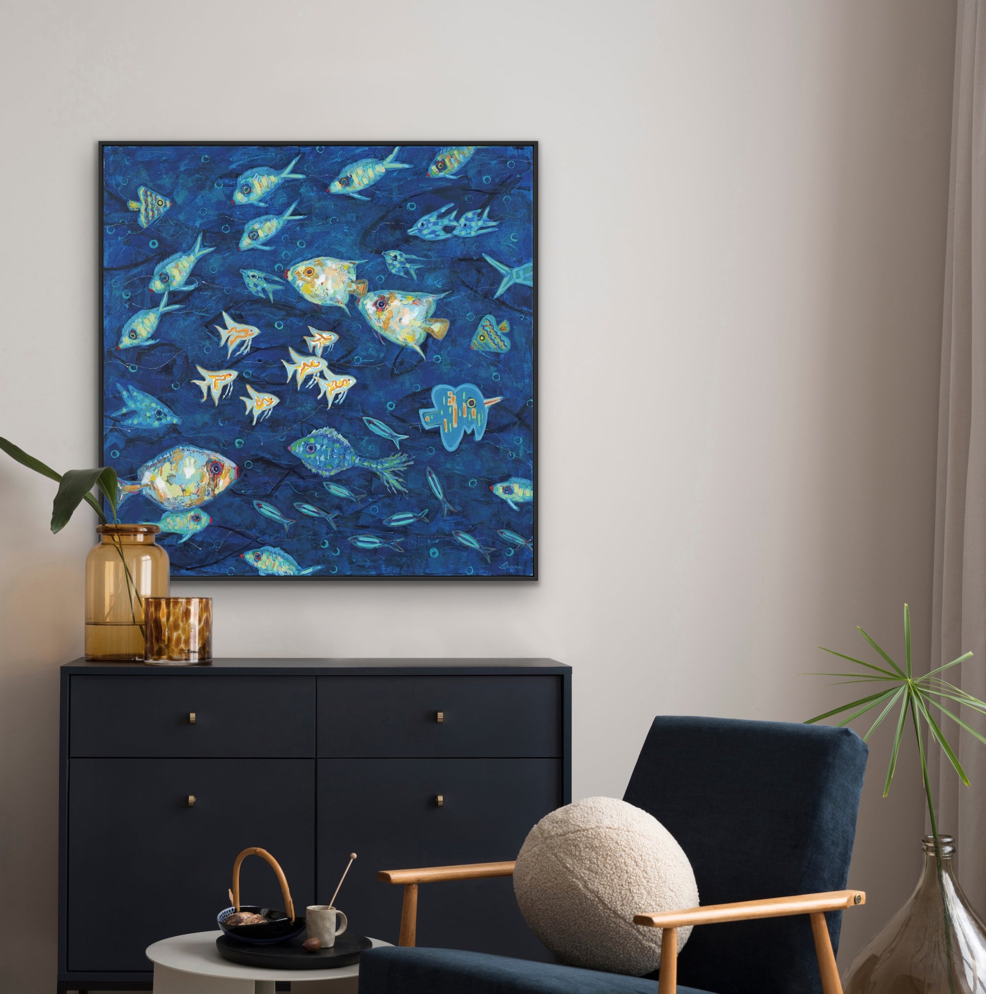 Ocean Gala II original 48” coastal painting displayed in a refined interior.