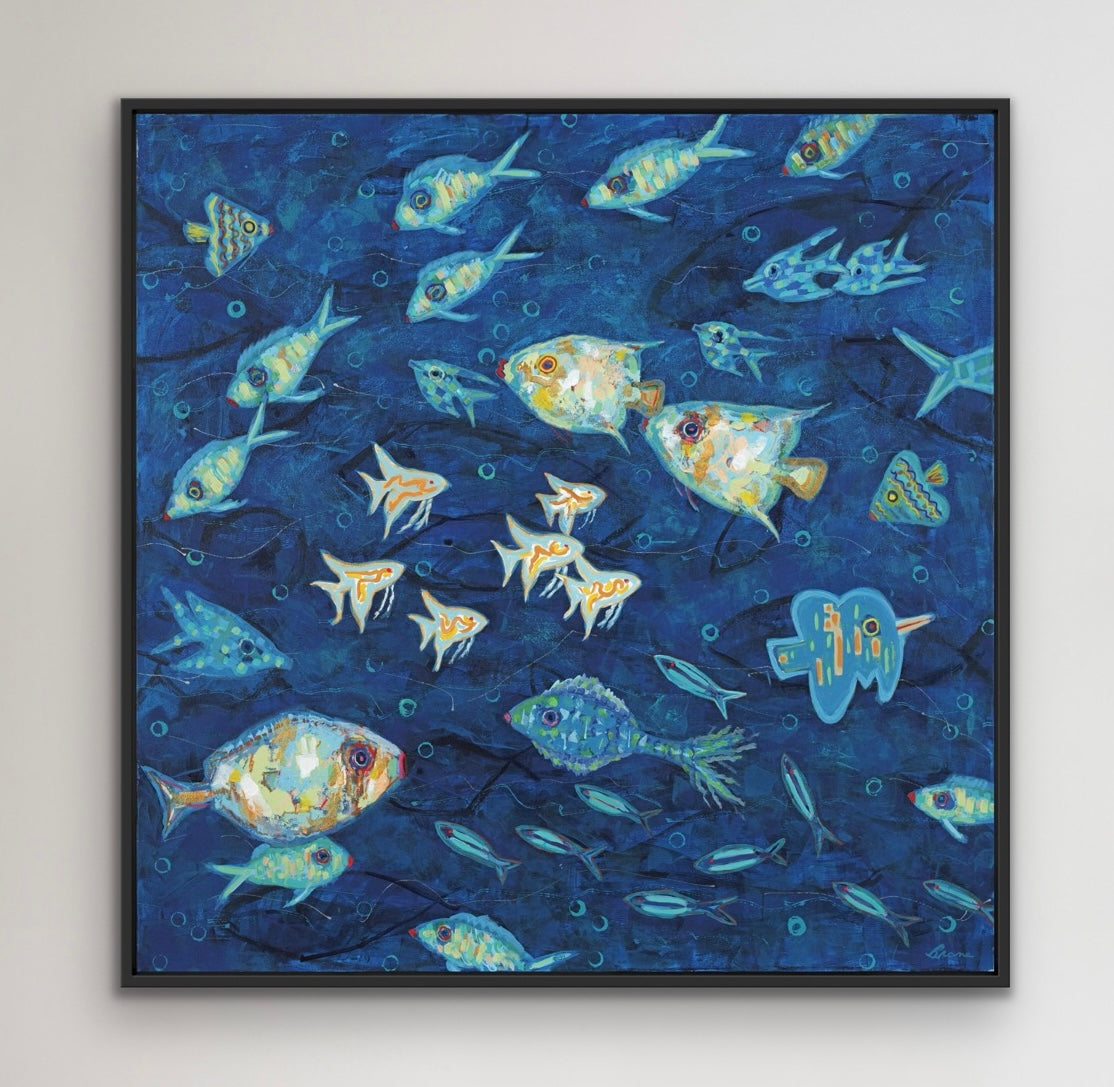 Layered blue textures and brushwork in Ocean Gala II original painting.