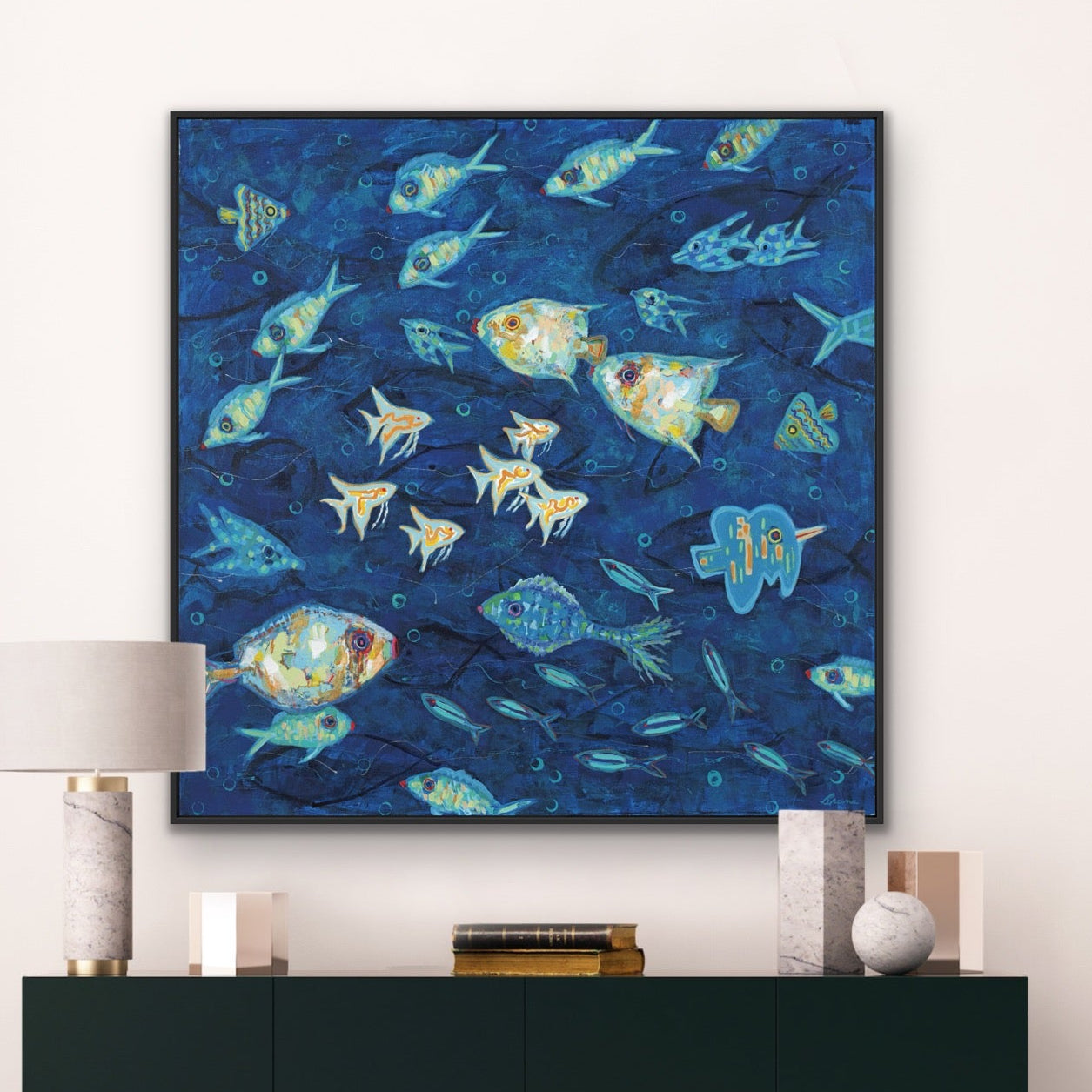 Original coastal fish painting Ocean Gala II by Martha Brane featuring expressive underwater movement