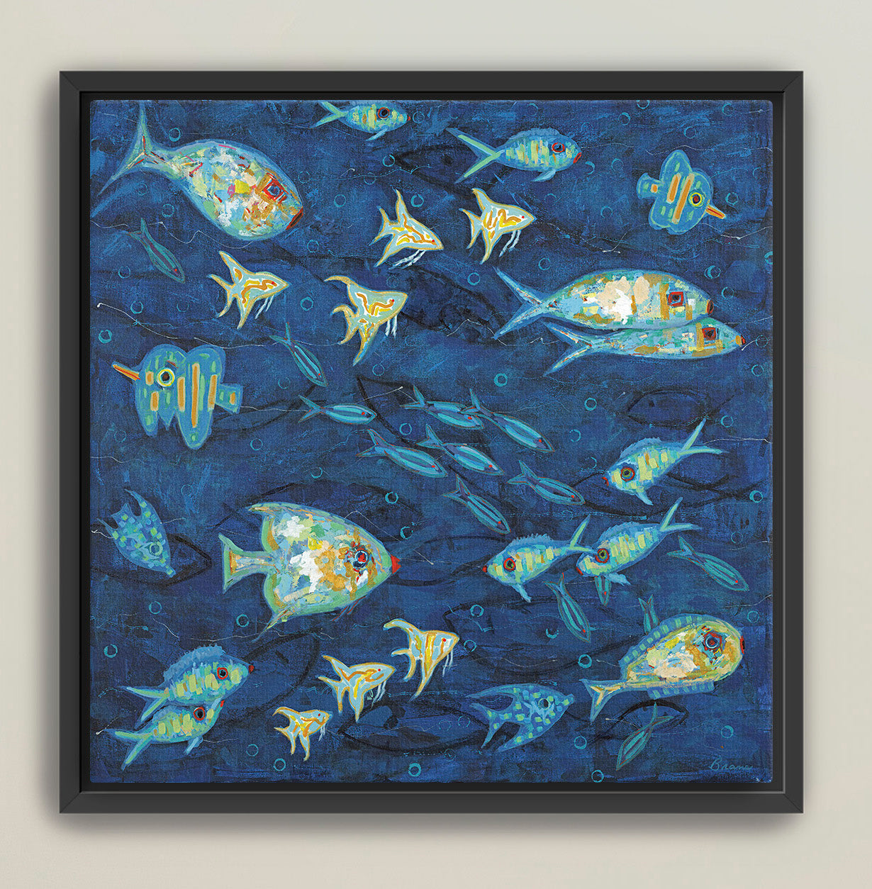 Underwater fish artwork featuring layered textures and expressive color