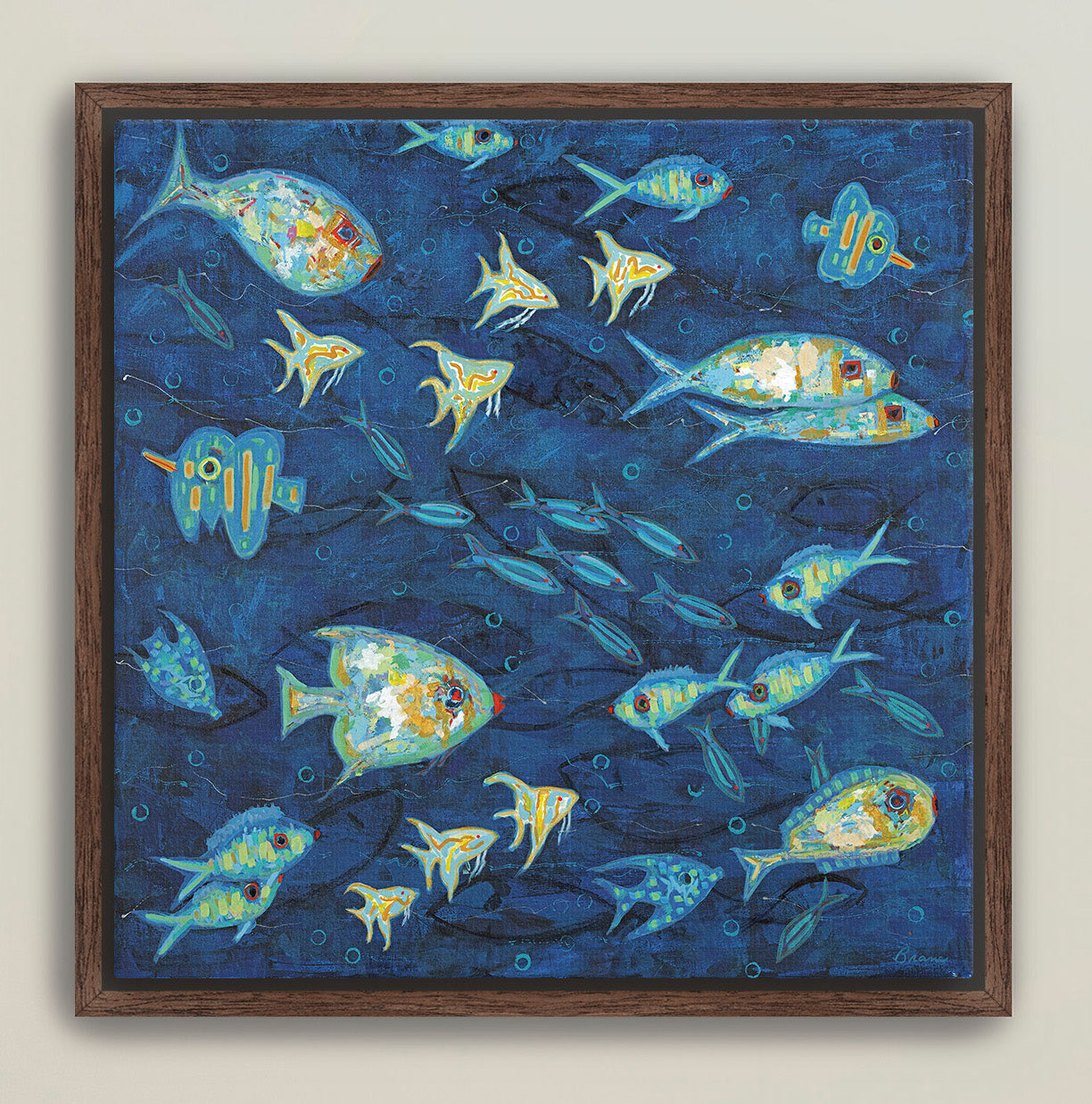 Modern marine art with colorful fish schools on dark blue background