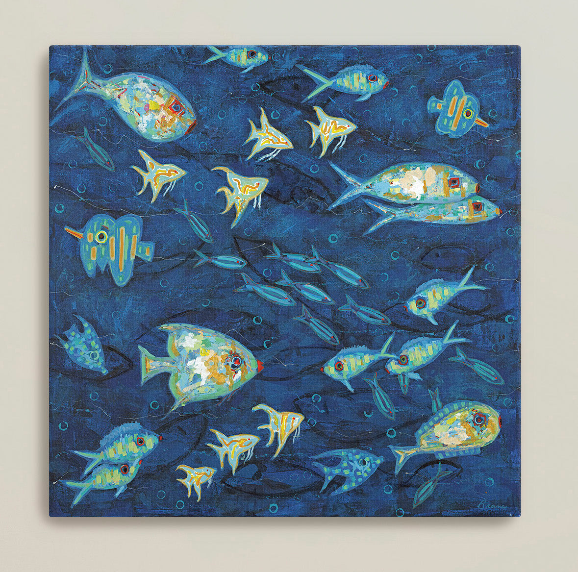 Ocean Gala I coastal fish painting with vibrant marine blues