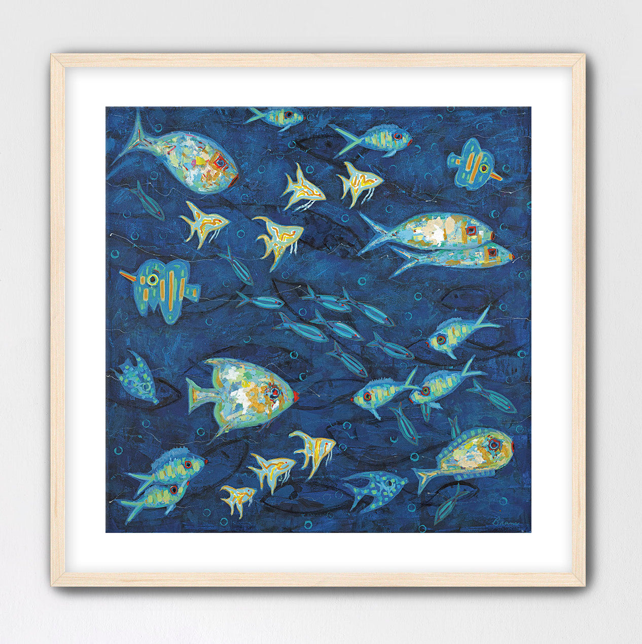 Ocean Gala I cotton rag print with vibrant coastal fish in deep blues