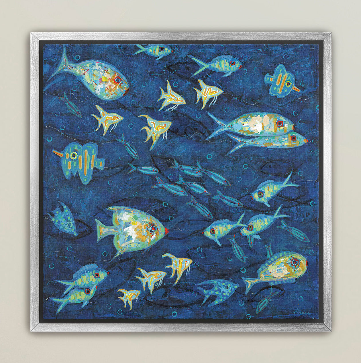 Framed giclée canvas of vibrant fish school on dark blue ocean background
