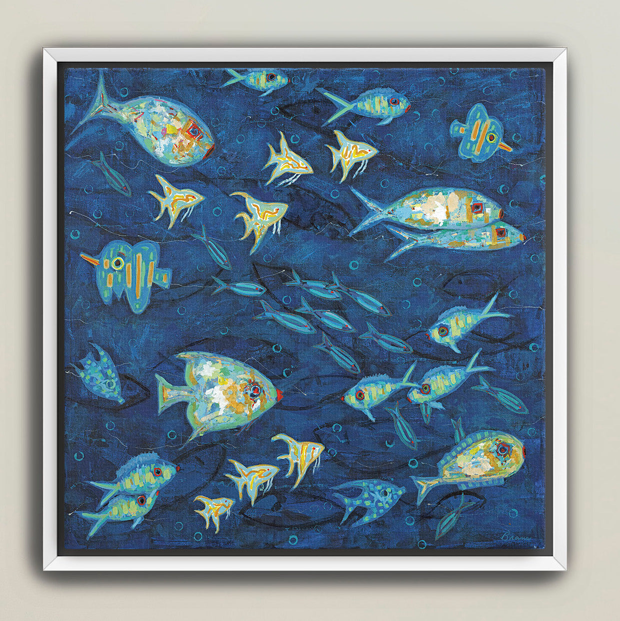 Ocean Gala I framed wall art with textured marine fish composition