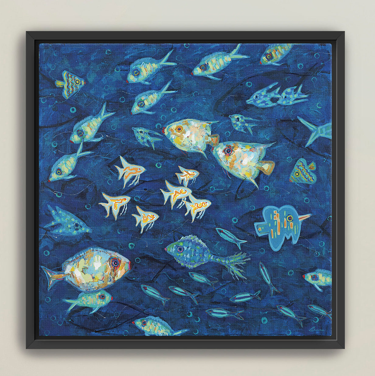Ocean Gala II coastal fish painting with rich indigo ocean tones