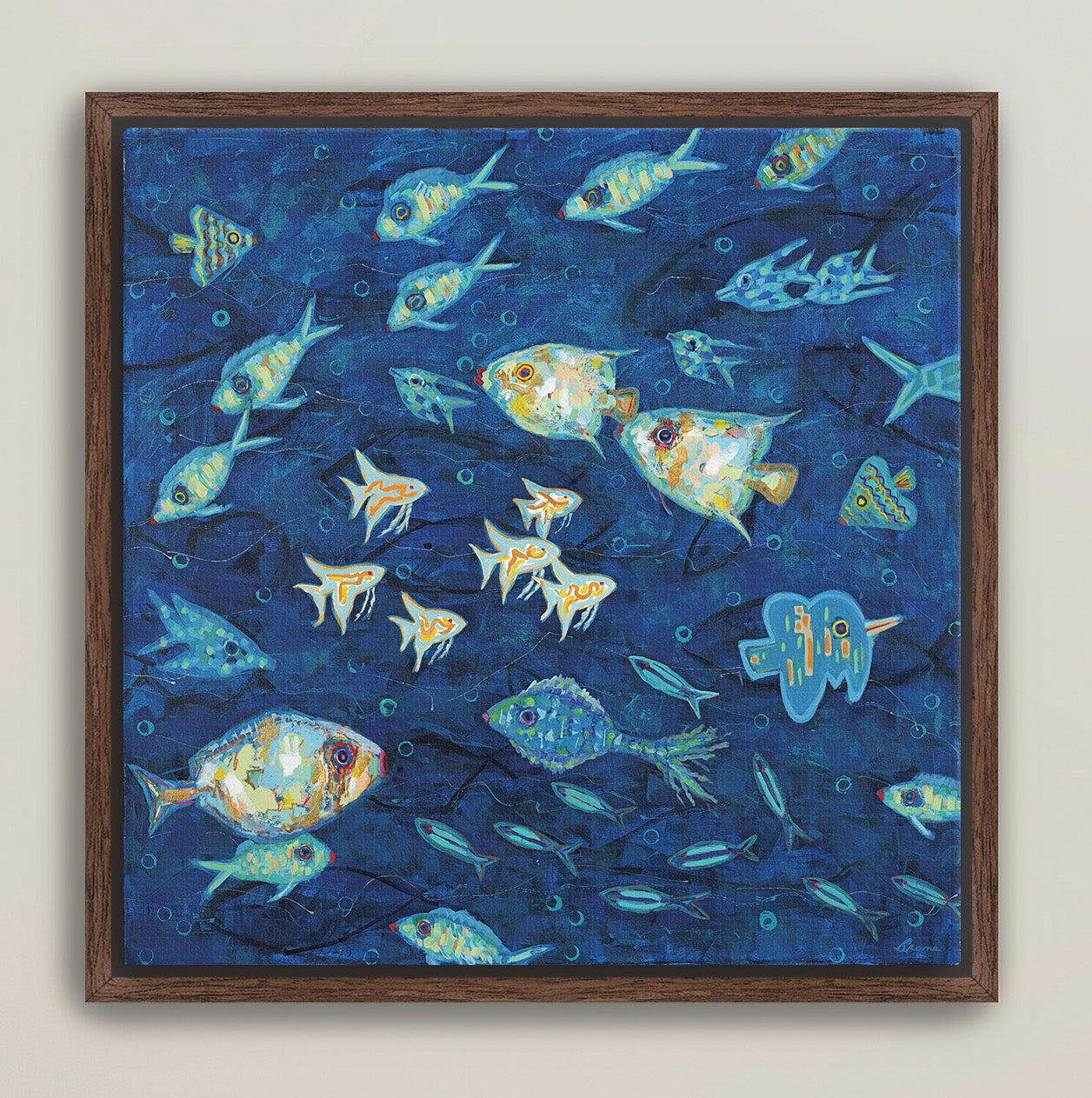 Framed marine artwork featuring colorful fish for modern coastal décor