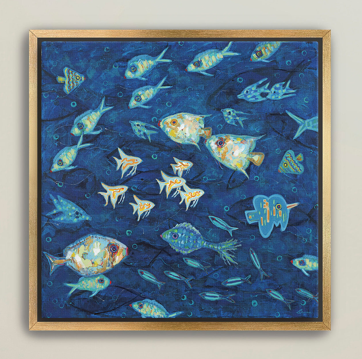 Underwater fish scene in framed giclée canvas for beach home interiors