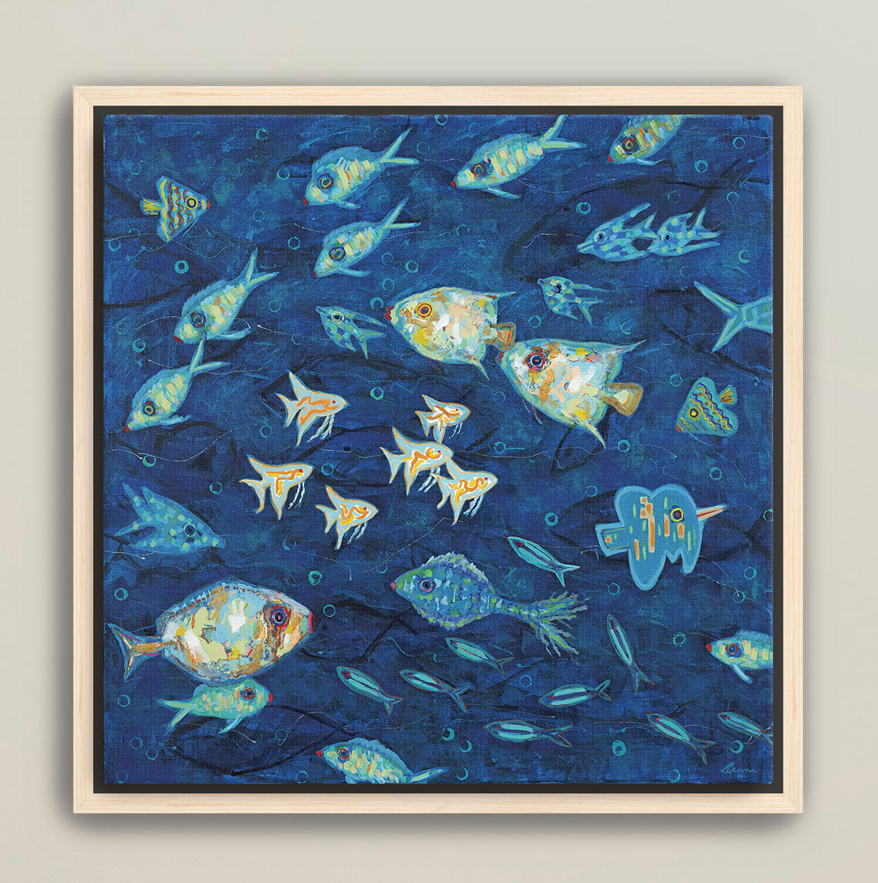 Contemporary coastal fish painting framed for designer ocean spaces
