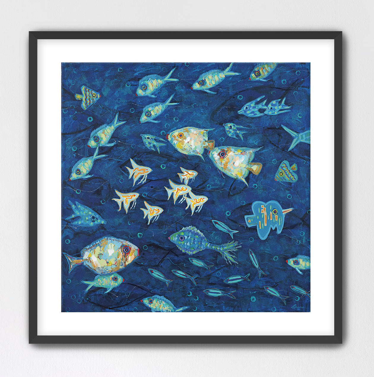 modern-framed artwork of abstract fish on a blue background