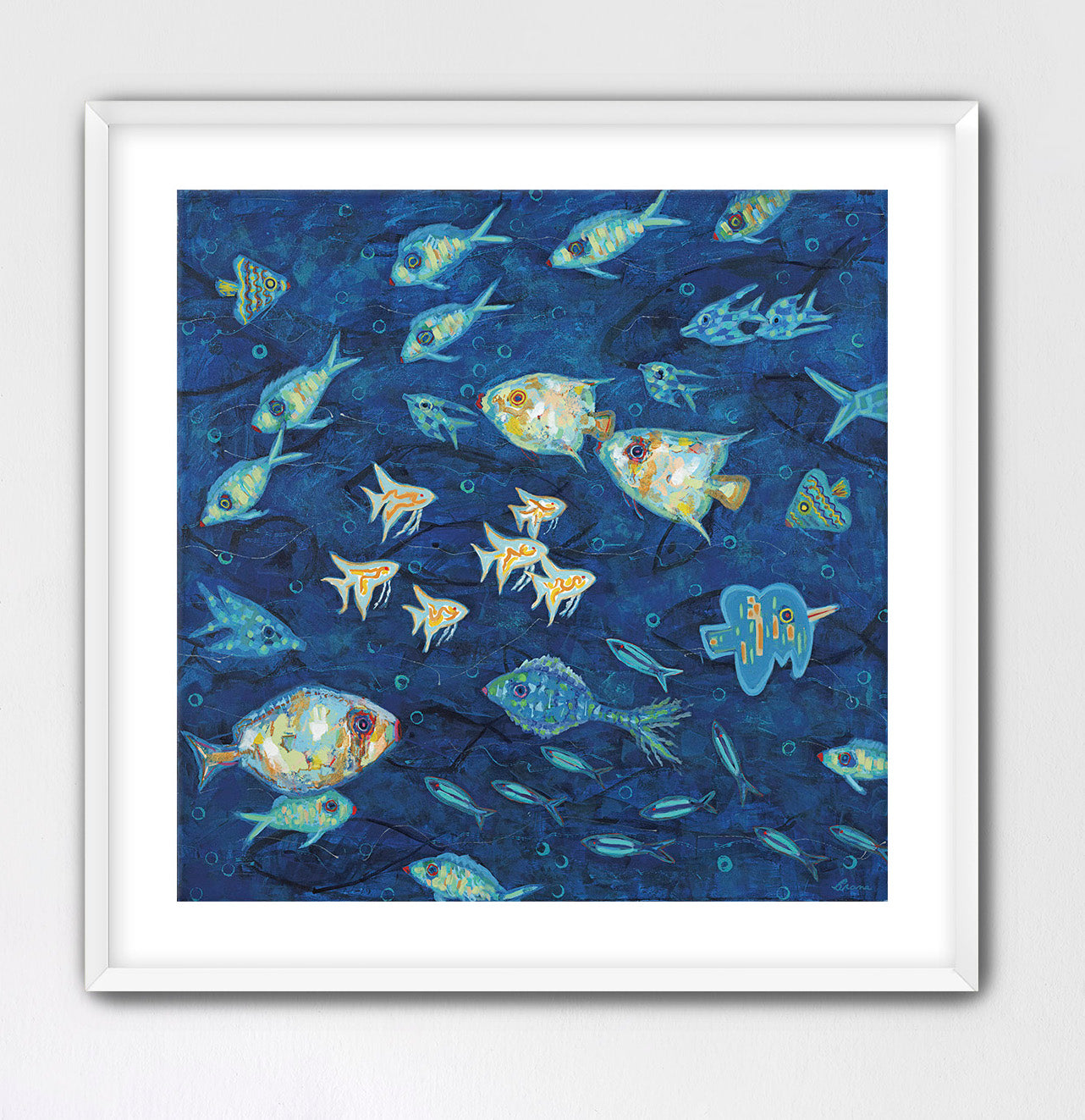 Vibrant marine life artwork with expressive brushwork and collage texture