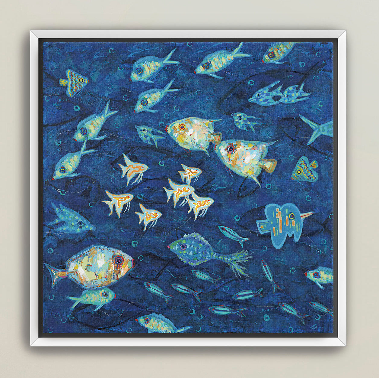 Vibrant underwater artwork featuring diverse colorful fish
