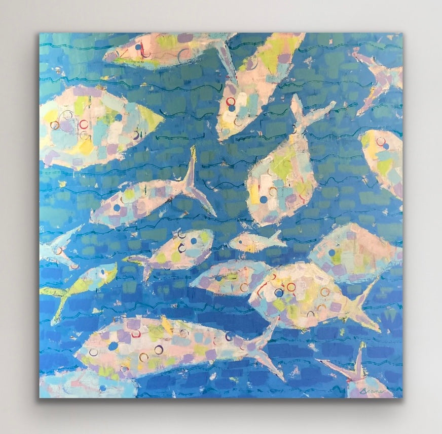 Load video: Video showing close-up details and texture of Current of Joy, an original 36” coastal fish painting by Martha Brane.