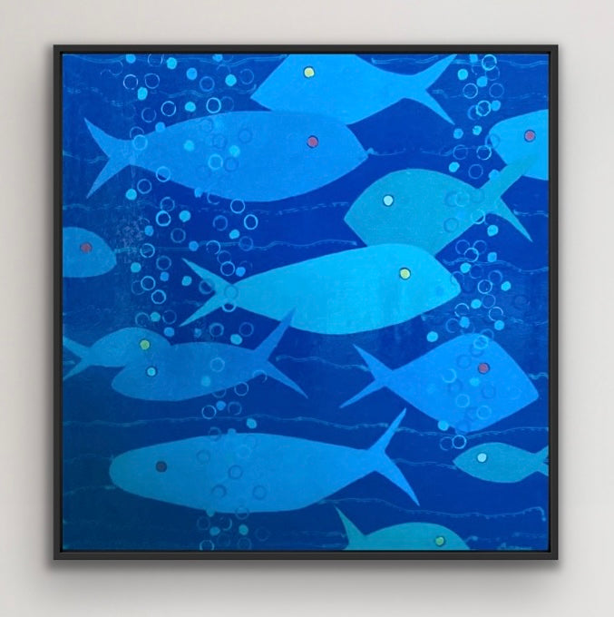 Video showing raised acrylic pour texture and layered blue tones in Bubbles in Blue, an original fish painting by Martha Brane.