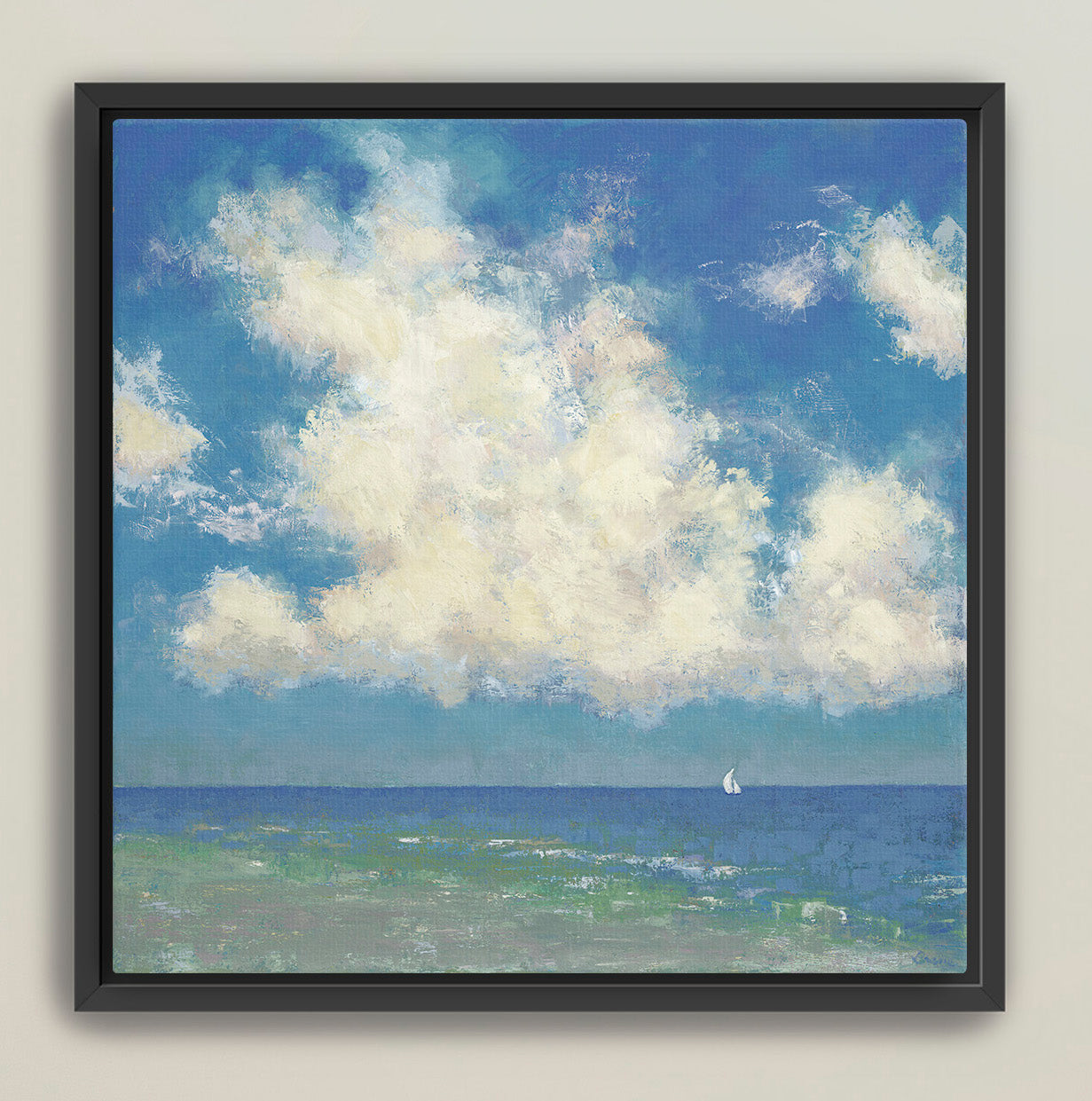 Framed giclée canvas of ocean landscape with sailboat in distance