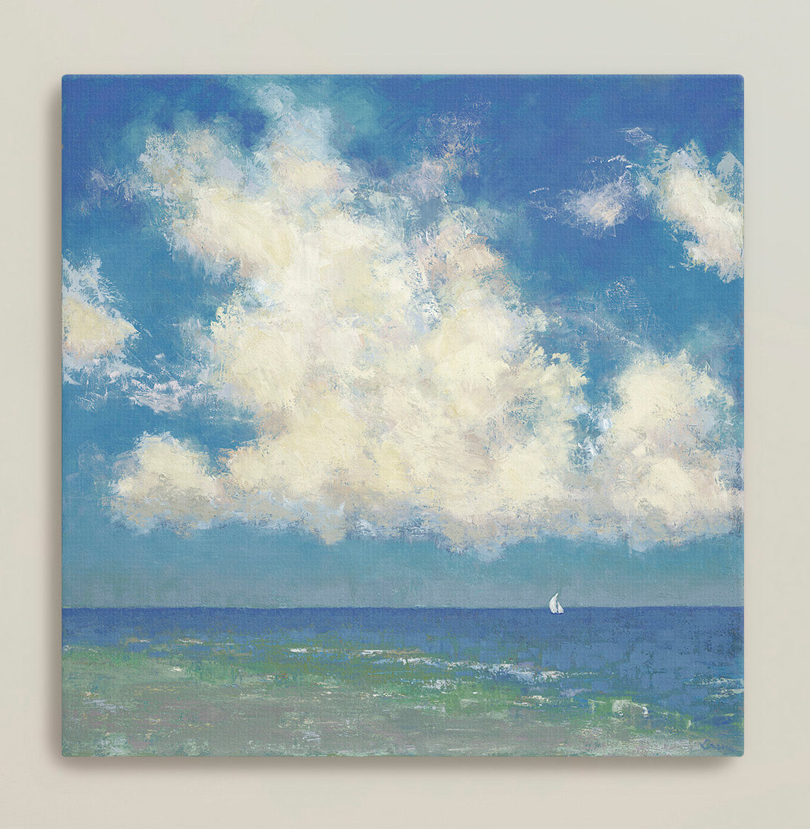 Luxury coastal sky painting in white frame for beach home décor