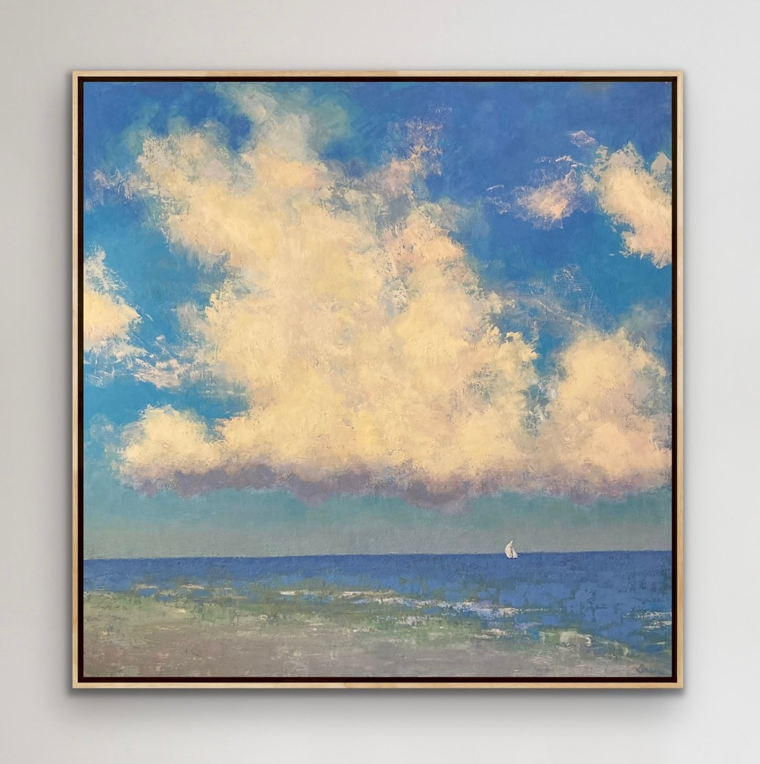 Reach for the Sky original 48” coastal painting displayed in a refined interior setting.