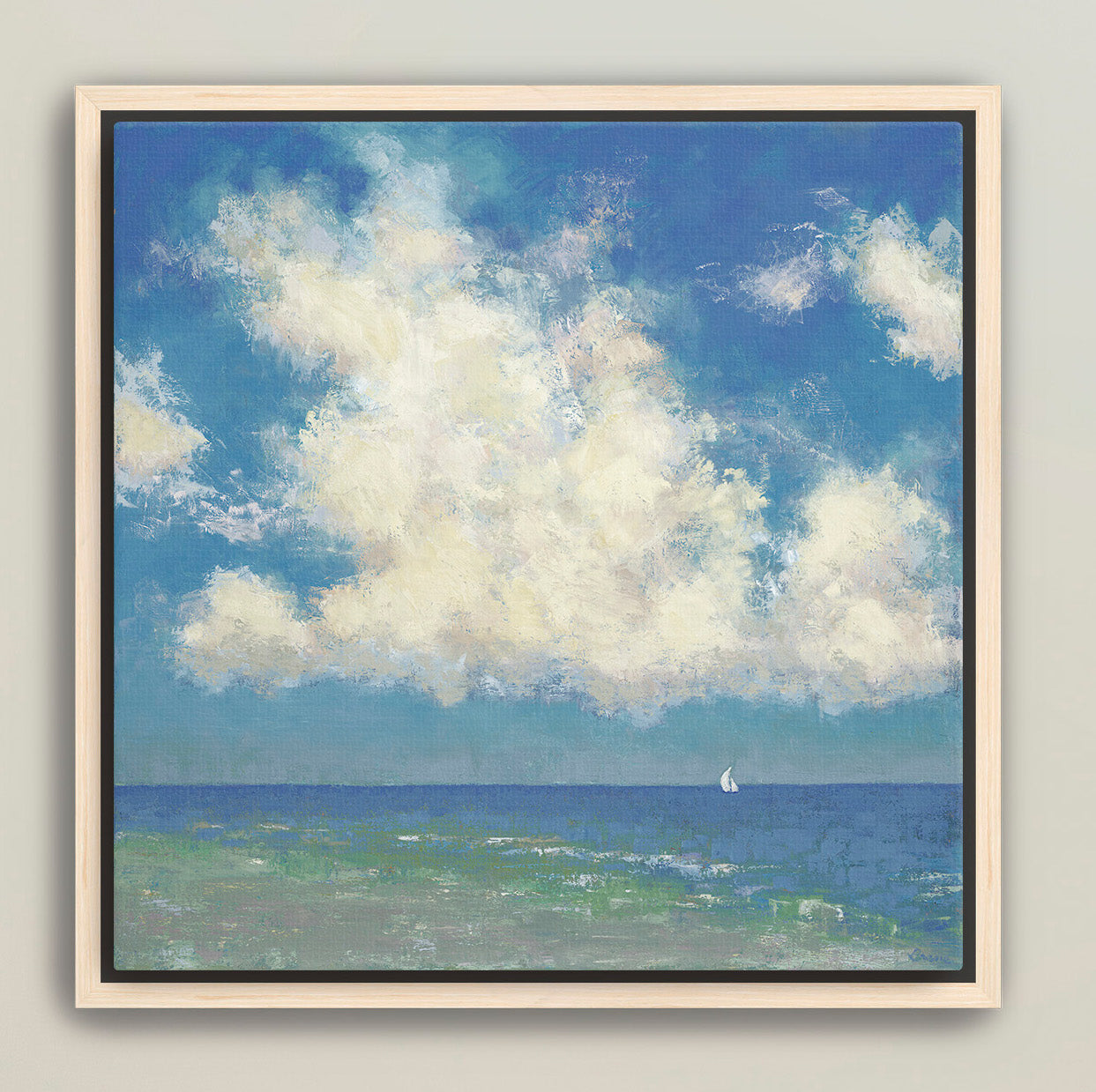 Framed ocean horizon artwork with sailboat and towering clouds