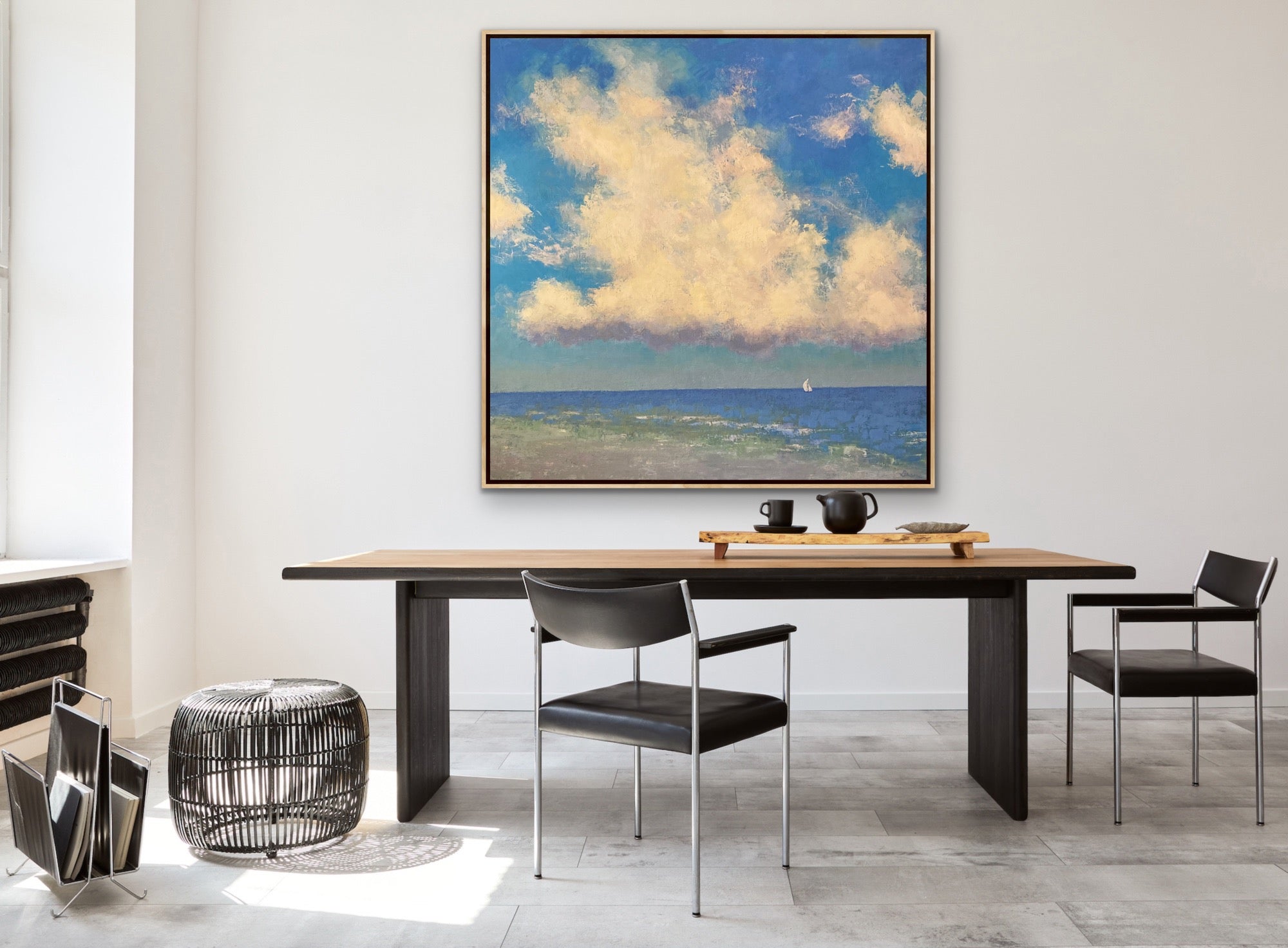 48” x 48” original cloud and sea painting with serene blue tones and uplifting composition.