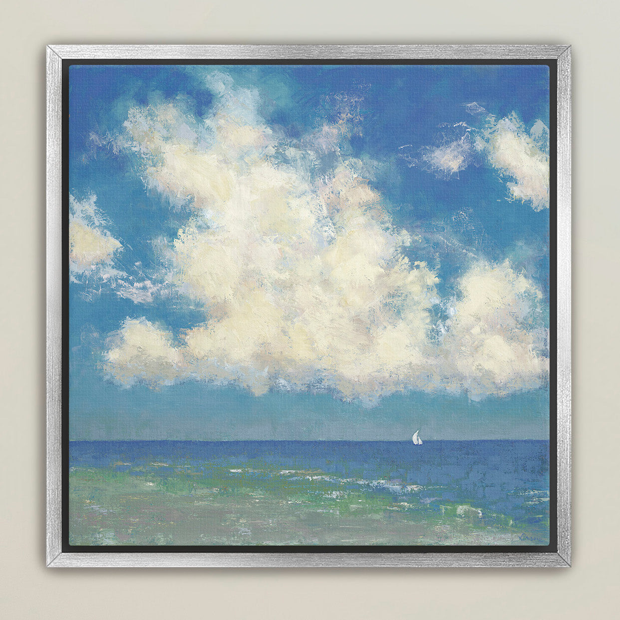 Ocean and sky artwork in soft blues and whites, Reach for the Sky