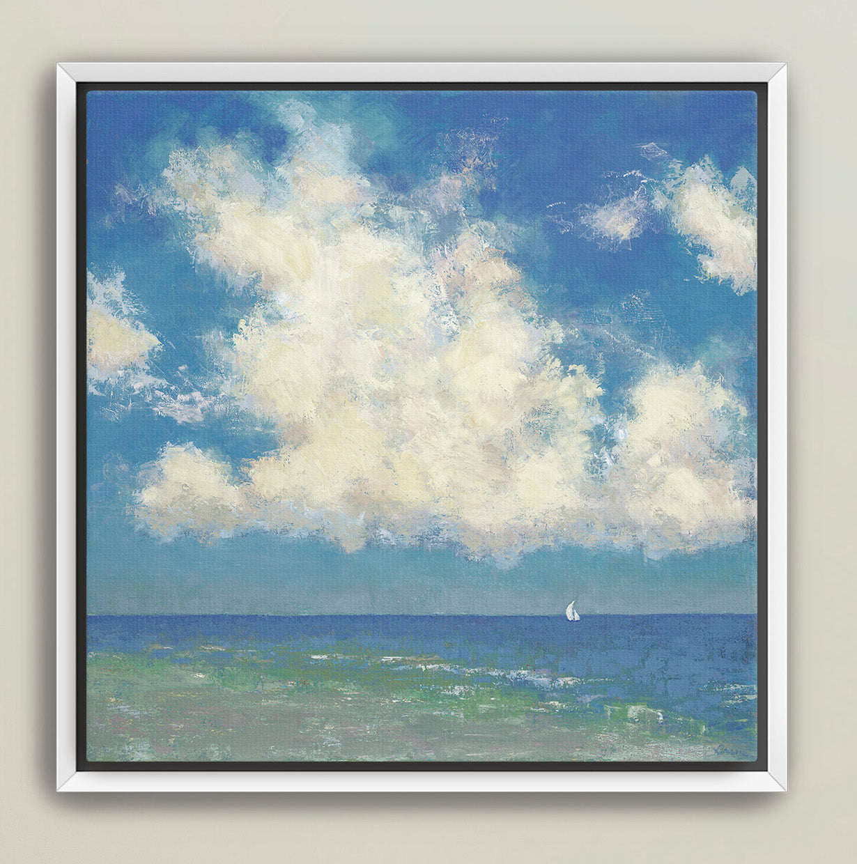 Coastal landscape painting with glowing clouds and distant sailboat