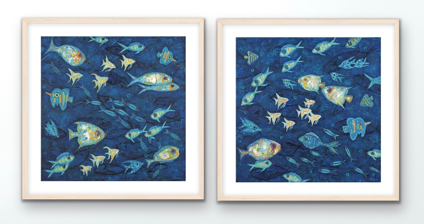 Vibrant underwater diptych with layered blue tones and expressive fish
