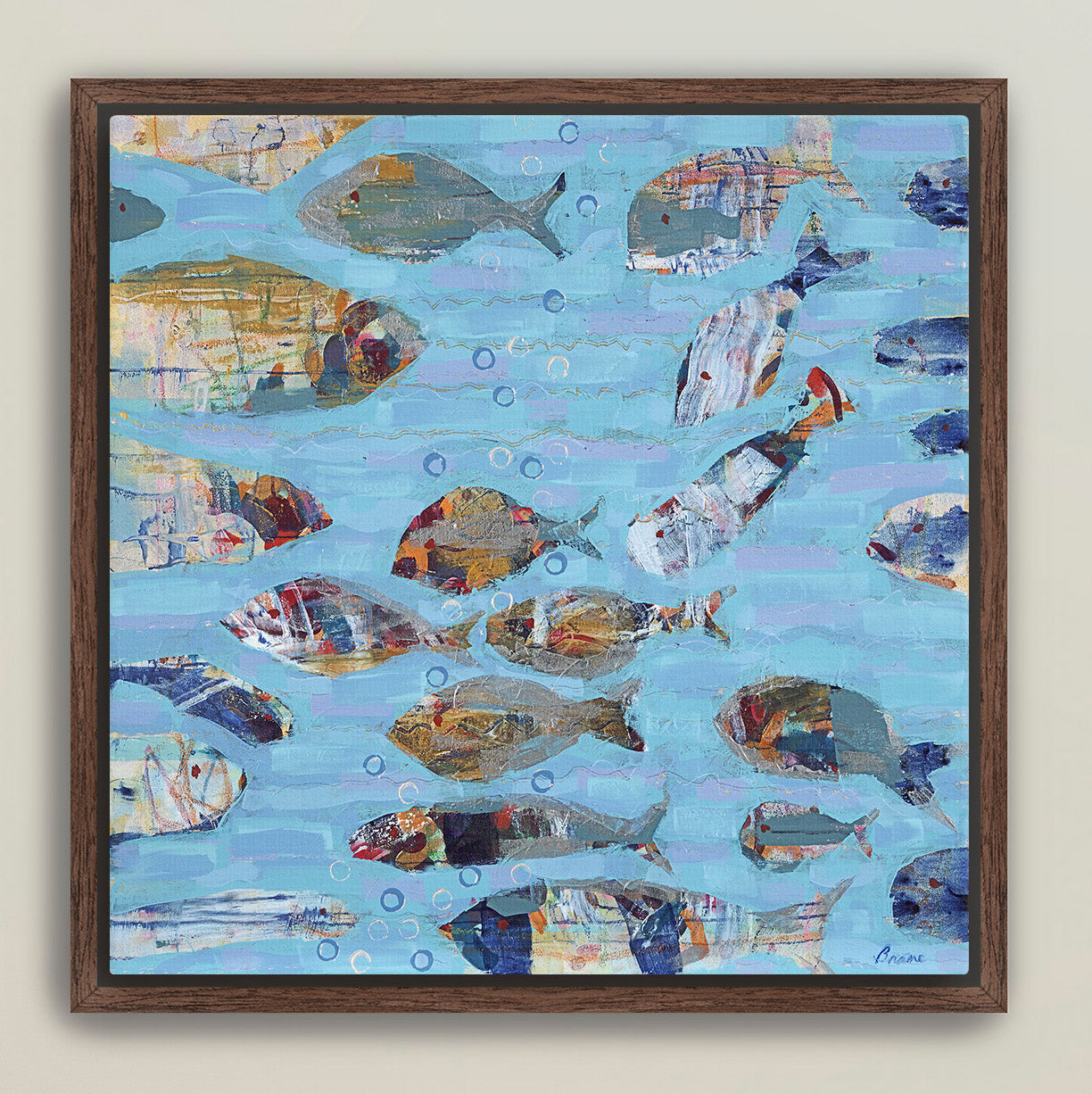 School of Wonder canvas print featuring abstract colorful fish swimming in soft blue waters