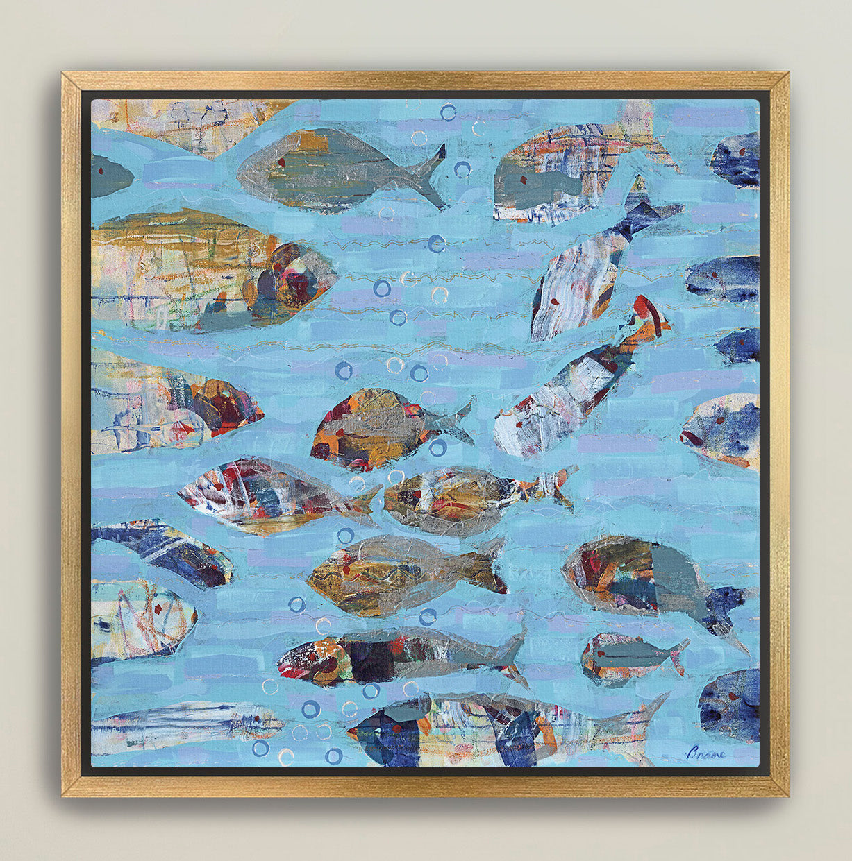 Textured giclée canvas print featuring abstract fish in motion on serene blue water