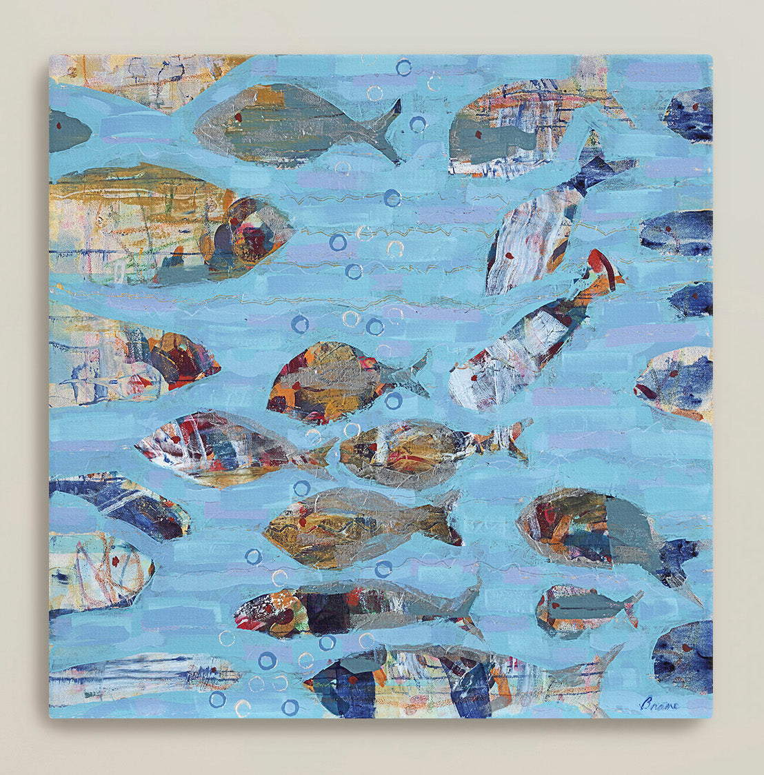 Modern coastal wall art with layered textures and a school of fish on aqua blue background