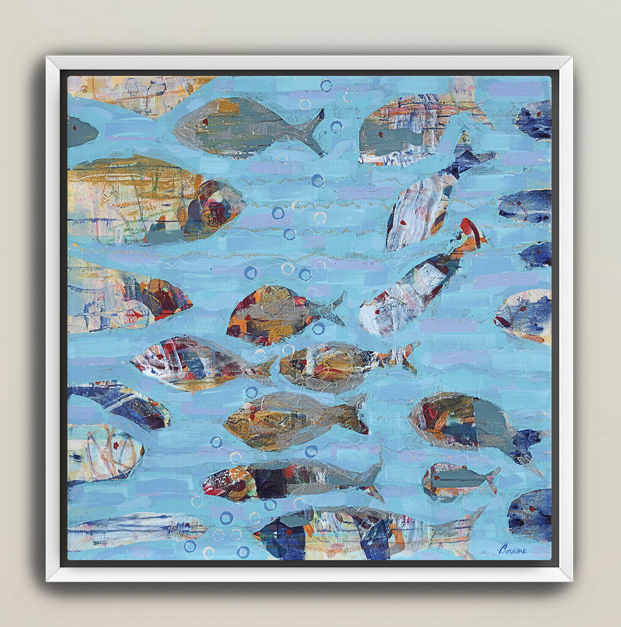 Contemporary ocean-inspired artwork with mixed blues and warm collage-style fish details