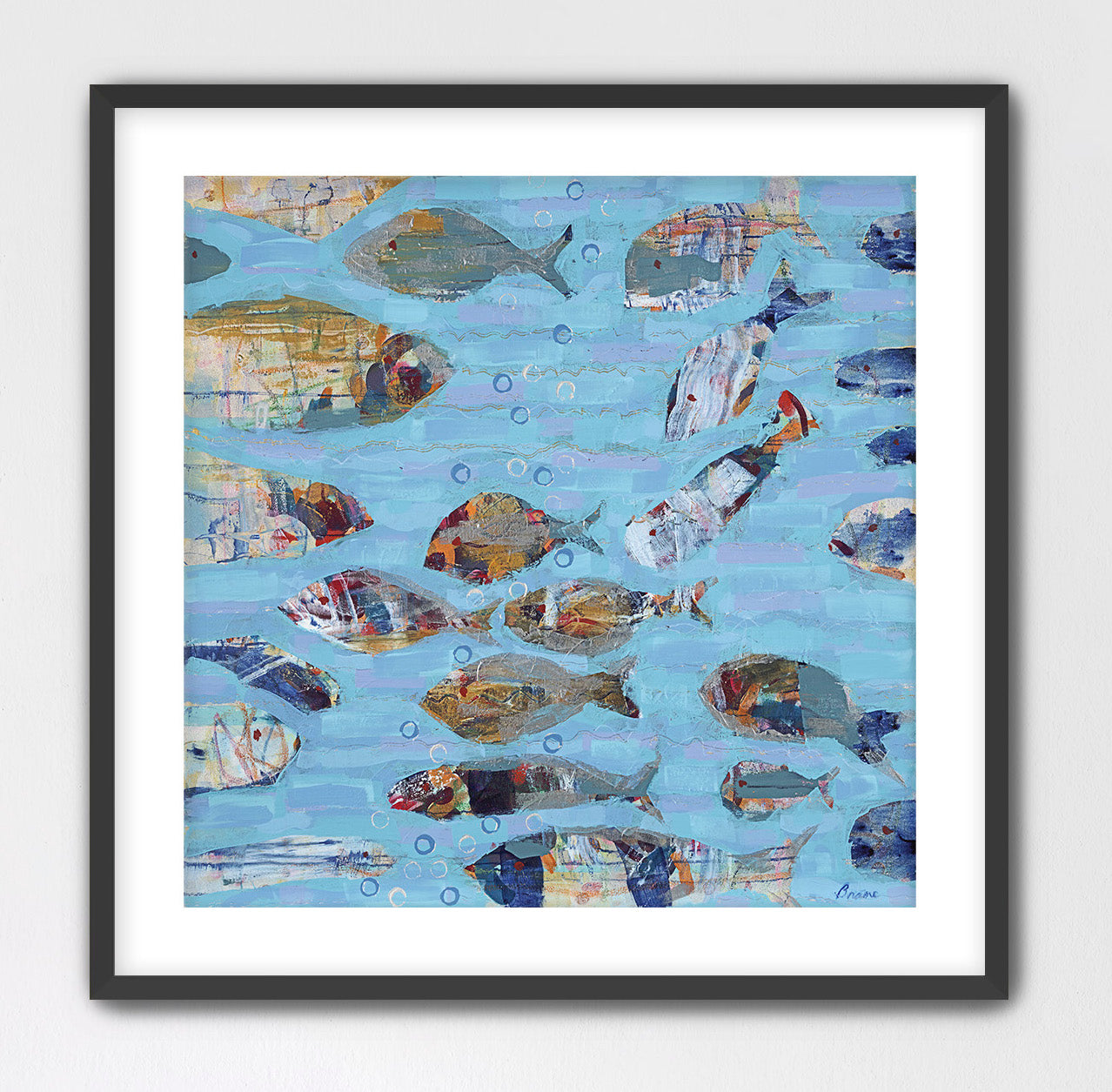 Framed modern ocean fish wall art in blue tones