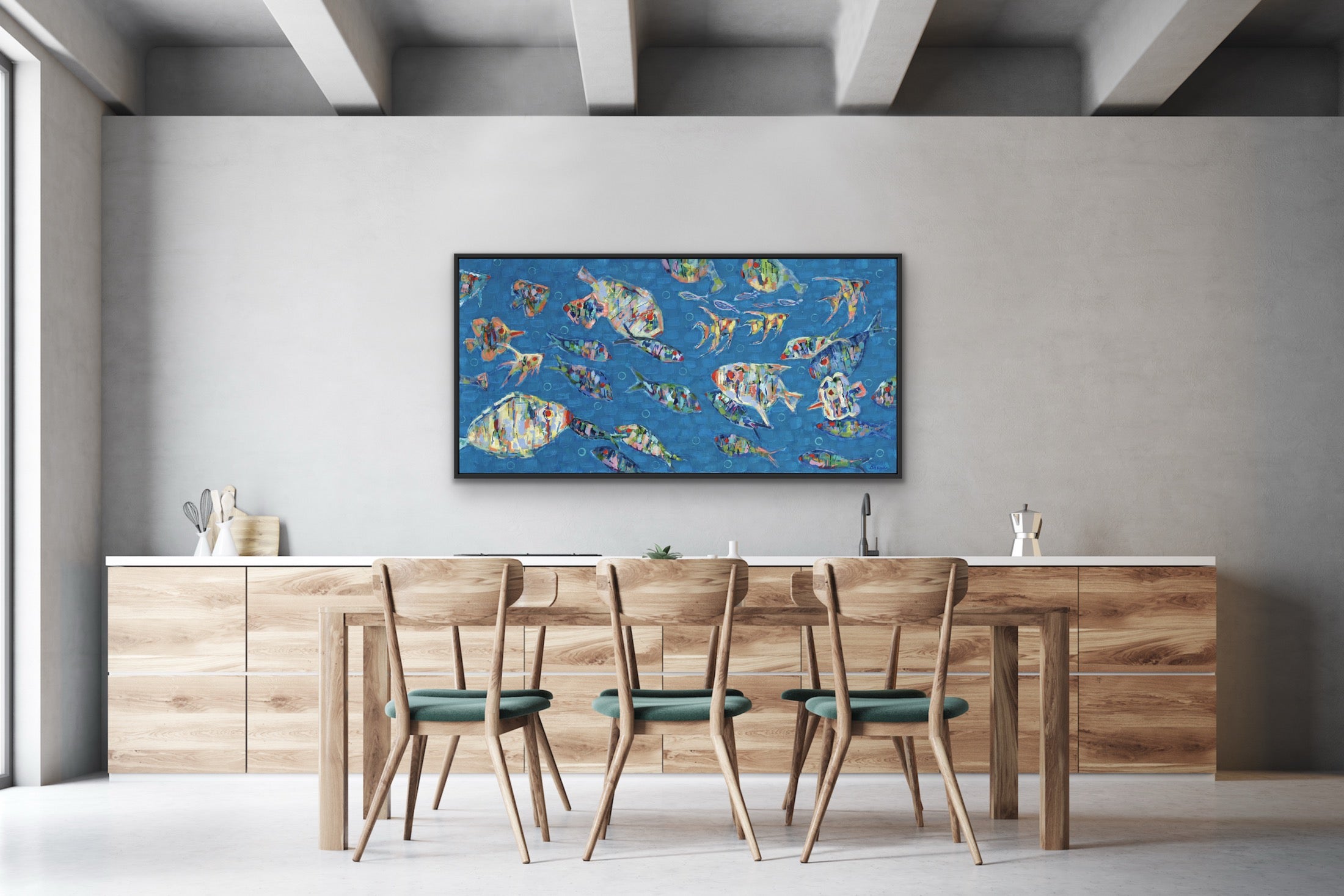 24” x 48” horizontal underwater fish painting with rhythmic movement and layered blue tones in a dining room.