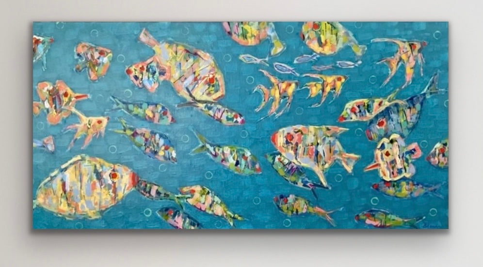 Layered blue background texture and mosaic-style brushwork in School Spirit original painting.