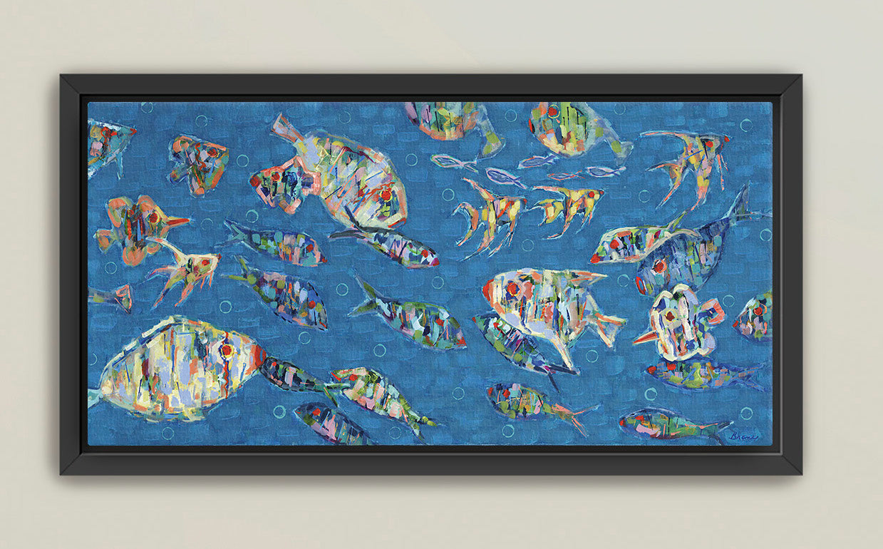 Vibrant contemporary fish artwork framed for coastal interiors