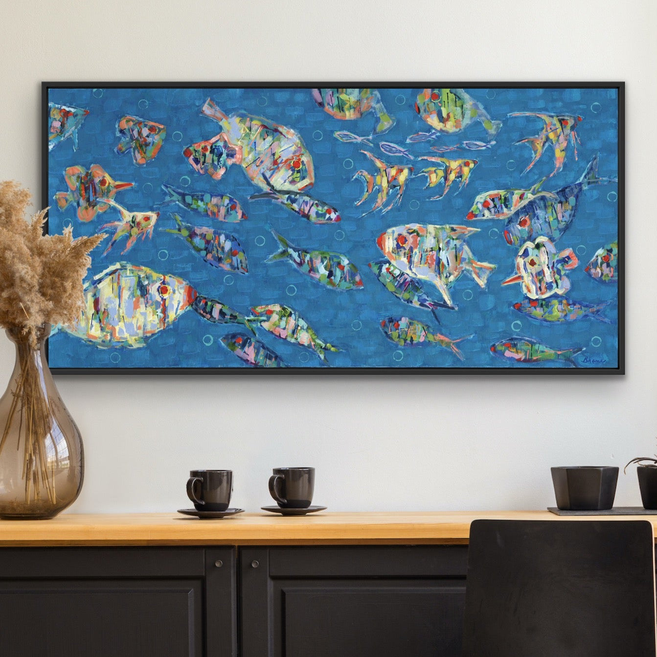 School Spirit original painting displayed in a modern kitchen, showing scale and horizontal placement.
