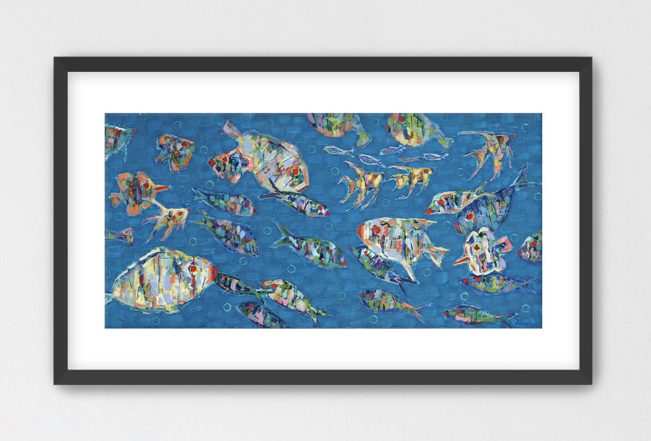 Framed abstract artwork with colorful fish pattern on a blue background